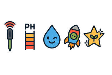 Smart‑garden icons merging stick, ladder, droplet, rocket, badge, star