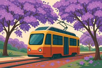 Obraz premium Flat green‑transport scene with PV tram, lilac blossoms, and blue sky