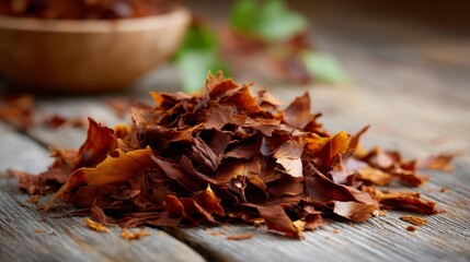 Close-up view of crushed tobacco leaves scattered on a wooden surface, representing a journey towards freedom from unhealthy habits and beginnings anew
