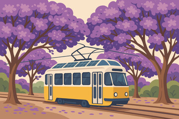 A tranquil setting of a flat green transport scene is dominated by a photovoltaic tram, lilac blossoms, and an azure sky