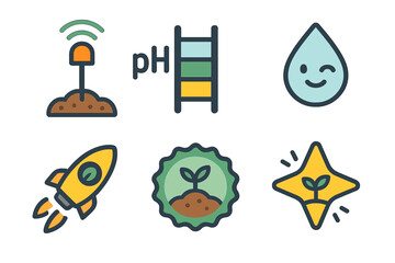 Icons for a smart garden combine a stick, ladder, droplet, rocket, badge, and star
