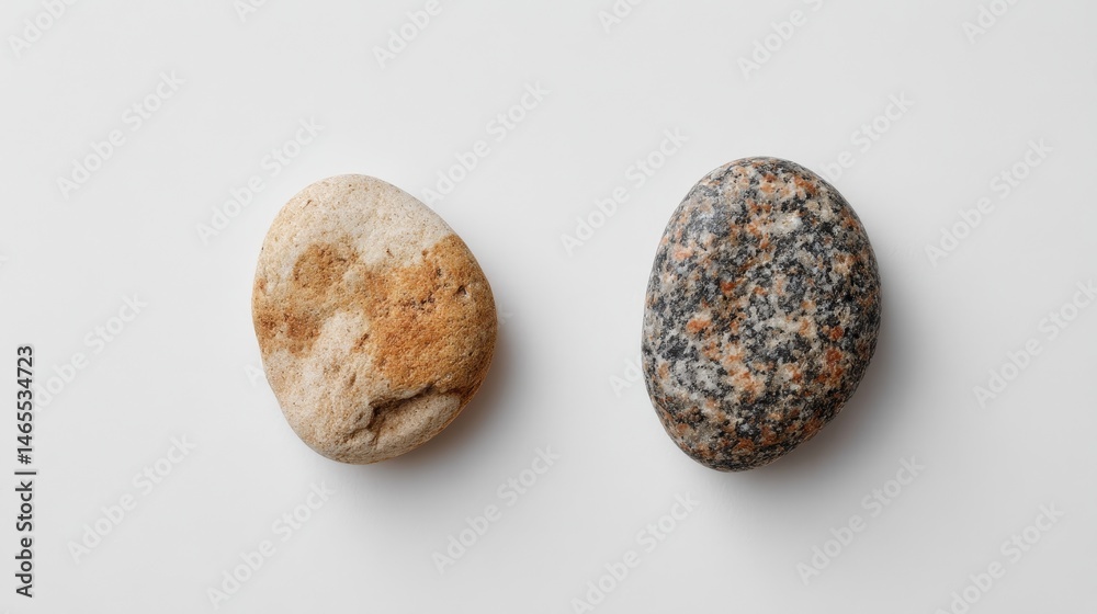 Poster close-up view of two smooth river stones showcasing their unique textures and colors, symbolizing ba