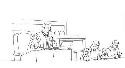 Minimalist line drawing of a yawning judge in a courtroom with a family