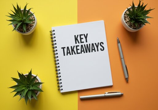 Notepad with key takeaways text and potted plants on yellow and orange background