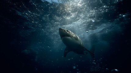 Naklejka premium Cinematic Underwater View of Great White Shark Swimming Toward the Surface with Sunlight Beams