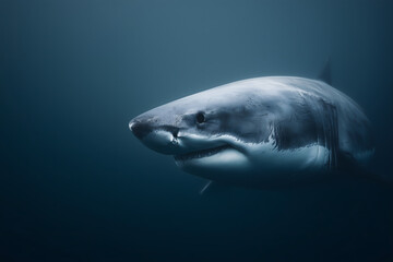 Naklejka premium Close-Up View of a Great White Shark Swimming in Deep Blue Ocean with Natural Lighting Capturing Its Powerful