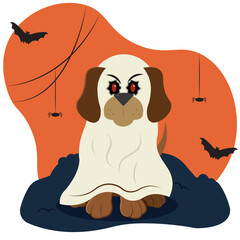 Dog dressed as ghost. Vector