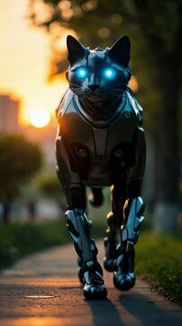 Futuristic robotic cat walking confidently down a city park path at sunset with glowing blue eyes and high-tech cybernetic design