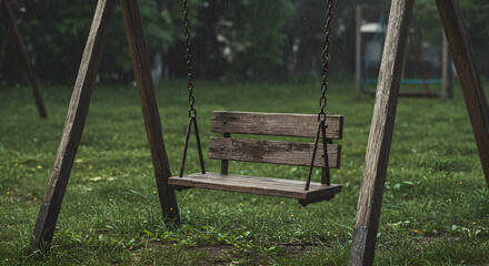 Wooden Swing In The Rain At Outdoor Playground For Children