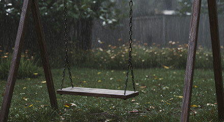 Melancholy Scene Empty Swing Set During Rainy Day In Backyard
