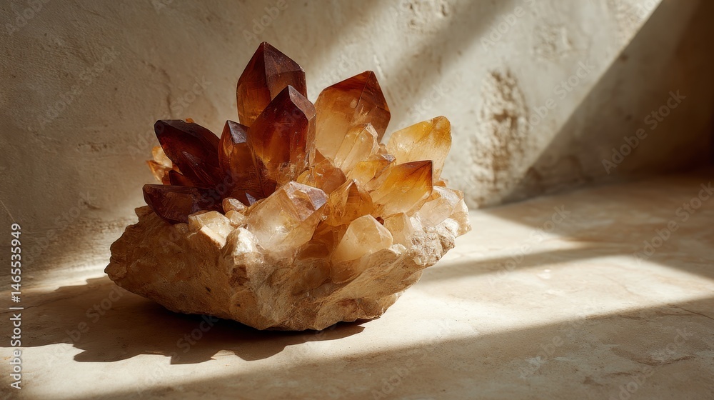 Poster Layered crystalline model captured in a flatlay, showcasing the contrast of light and shadow while revealing intricate structural details with negative space present
