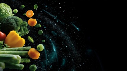 Dynamic visualization showcases floating food icons and data points around a digital nutrition dashboard, emphasizing AI-powered meal planning solutions