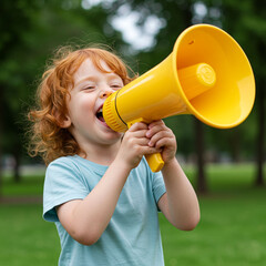 Child Shouting Through Megaphone – Excited Kid Cheering Loudly, Playful Communication and Fun Expression