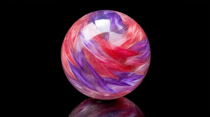 A crystal-clear glass orb displays swirling galactic energy in vibrant hues of violet, teal, and red against a dark background, offering captivating visual allure