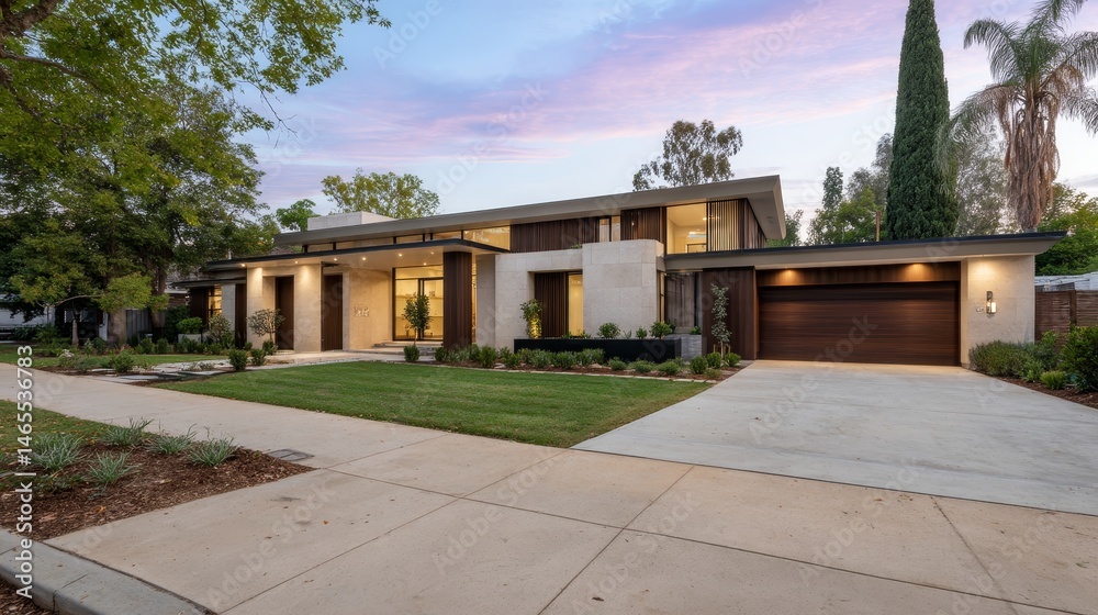 Poster a modern house illuminated from within exhibits warm lighting at dusk, surrounded by trees and a ser