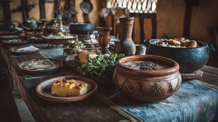 Fototapeta premium A beautifully arranged medieval feast laid out on a rustic wooden table, ready to enjoy.