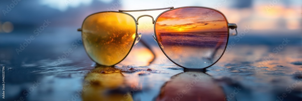Poster sunglasses reflecting vibrant sunset over ocean horizon with waves gently lapping at the shore gener