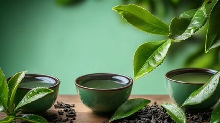 Three green tea cups with leaves on top of a wooden table. The cups are filled with tea and the leaves are scattered around them