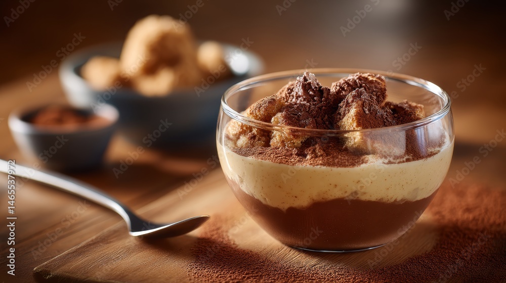 Poster a close-up of a single serving of tiramisu showcases rich layers of coffee and cream. cocoa powder s