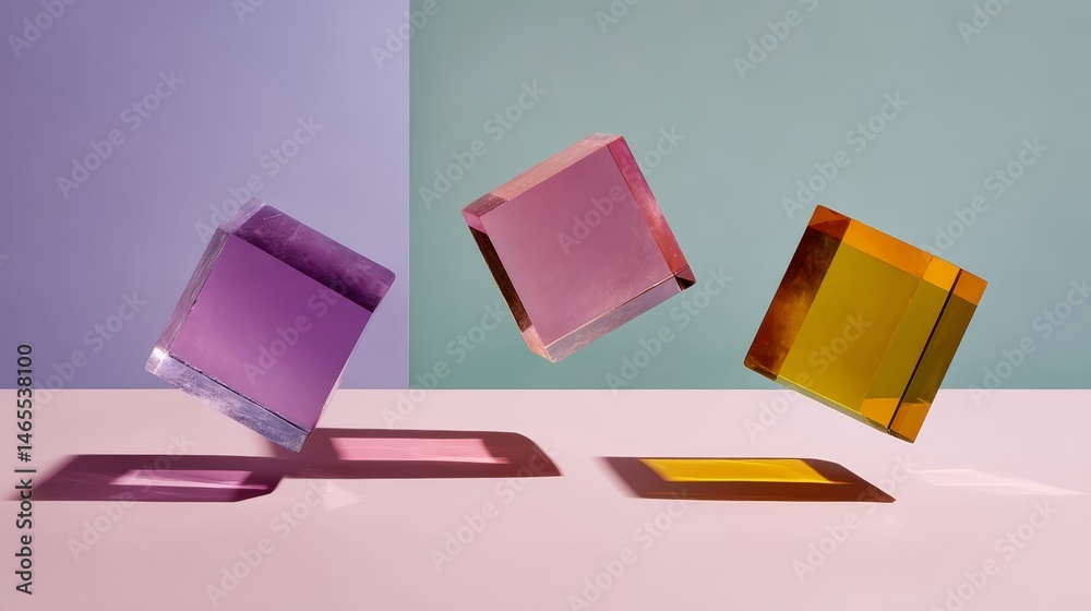 Poster Three translucent cubes hover mid-frame, casting soft shadows against a muted background, creating a calm and minimalist aesthetic suitable for design use