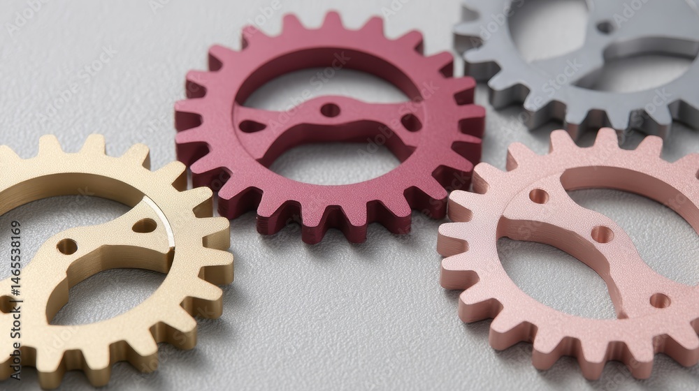 Leinwandbilder three interlocking mechanical cogs in metallic hues display intricate design against a soft backgrou