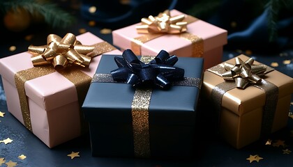 Festive gift boxes with elegant ribbons in pastel and dark colors.