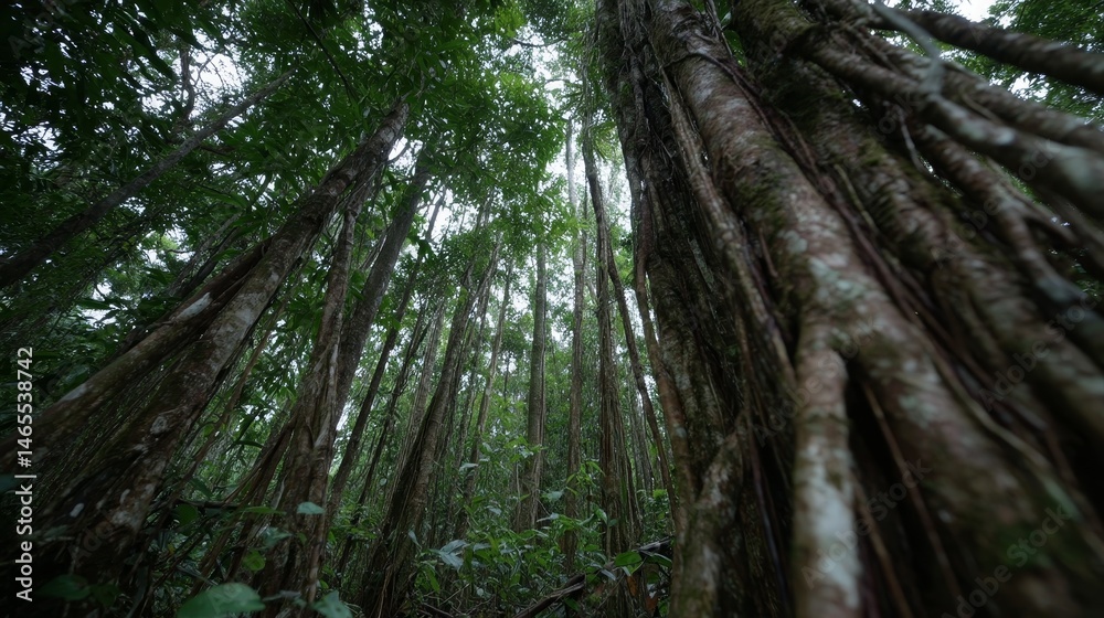 Poster Deep within the jungle, tangled roots and thick vines intertwine under humid, diffused sunlight, creating a vibrant display of greenery and tranquility