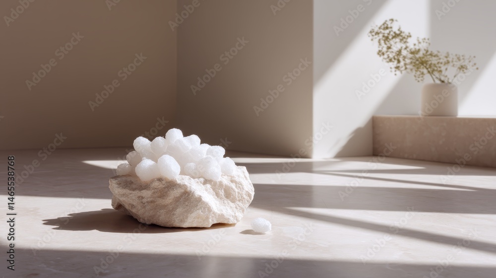 Poster Soft white surface illuminated by diffused natural light creates a serene atmosphere, with shadows adding depth and enhancing texture, perfect for product display