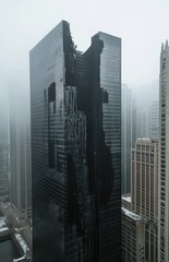 Obraz premium A dark, modern skyscraper with a jagged, damaged facade, set against a cityscape of other tall buildings on a hazy day