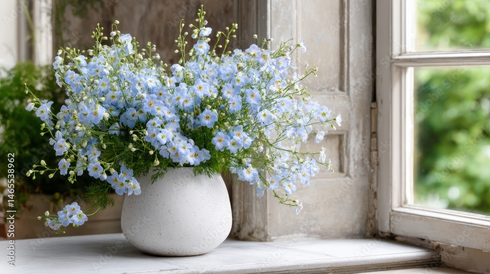 Leinwandbilder pale blue flowers are arranged in a vase on a windowsill, illuminated by soft natural light, creatin