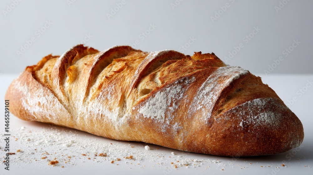 Poster Eye-level view showcases a rustic ciabatta bread loaf with a flour-dusted crust, isolated against a seamless white backdrop for a clean and appetizing look