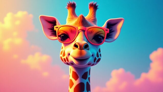 uma girafa estilizada e expressiva, usando &oacute;culos de sol grandes com arma&ccedil;&atilde;o em cores neon