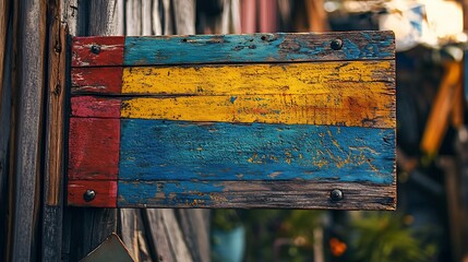 Colorful wooden sign affixed to weathered building.