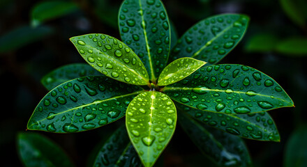 Fototapeta premium Lush Green Leaves Adorned with Sparkling Raindrops in an Elegant Composition