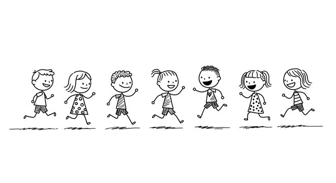 Stick figure children running and playing, minimal black and white doodle, isolated on white background”
style: minimal line art, black and white | medium: ink drawing | lighting: flat 