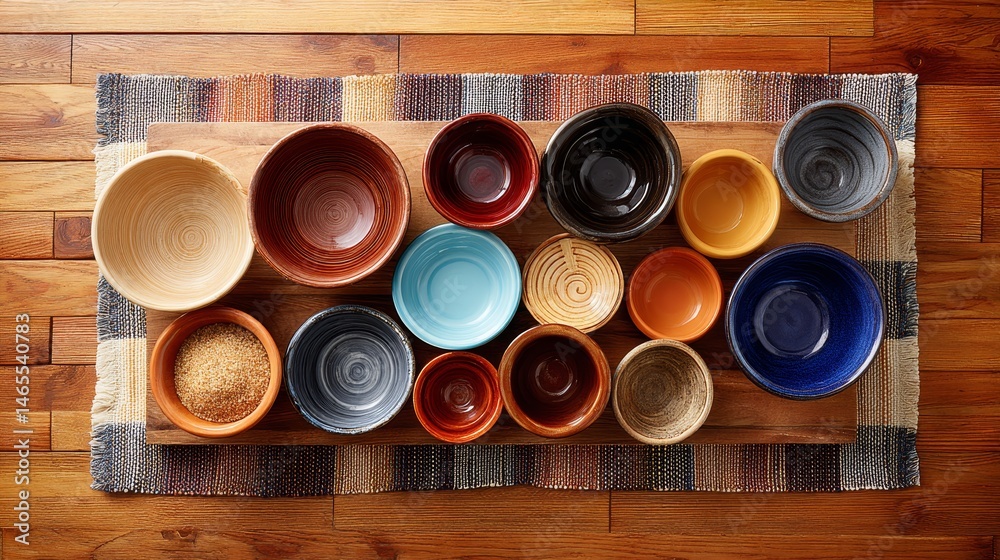 Aufkleber assorted ceramic and bamboo bowls of different shapes and sizes are artfully arranged on a light oak