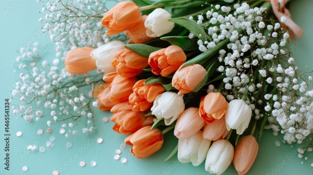 Poster Vibrant tulip blooms in peach and cream sit on a mint green background. This top-down view features ample copy space for festive spring messages