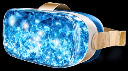 Virtual reality headset with blue crystal faceplate and gold blue accents on black background