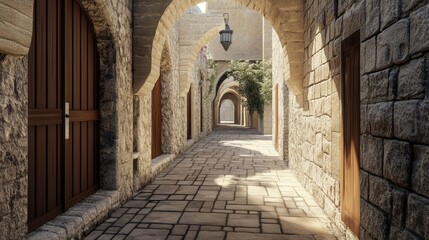 Obraz premium Sunlit Stone Alleyway: Medieval Architecture, Archways, and Wooden Doors