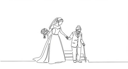 Bride assists her grandmother down stairs in delicate line art illustration