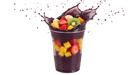 Smoothie de açaí com manga, morango, kiwi e banana em copo plástico, isolado com fundo transparente e efeito splash vibrante.