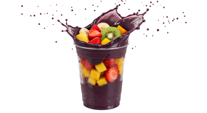 Smoothie de açaí com manga, morango, kiwi e banana em copo plástico, isolado com fundo transparente e efeito splash vibrante.