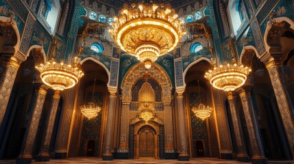 Obraz premium Opulent Palace Interior: Gold Chandeliers and Teal Mosaics