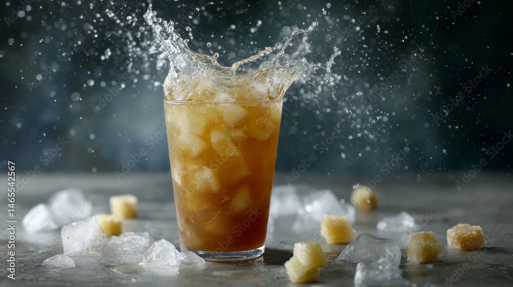 Poster a close-up captures a golden beverage splashing with ice cubes among scattered sugar cubes, set agai
