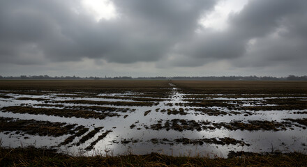 Puddled Field With Grey Overcast Sky Landscape Reflecting on Water