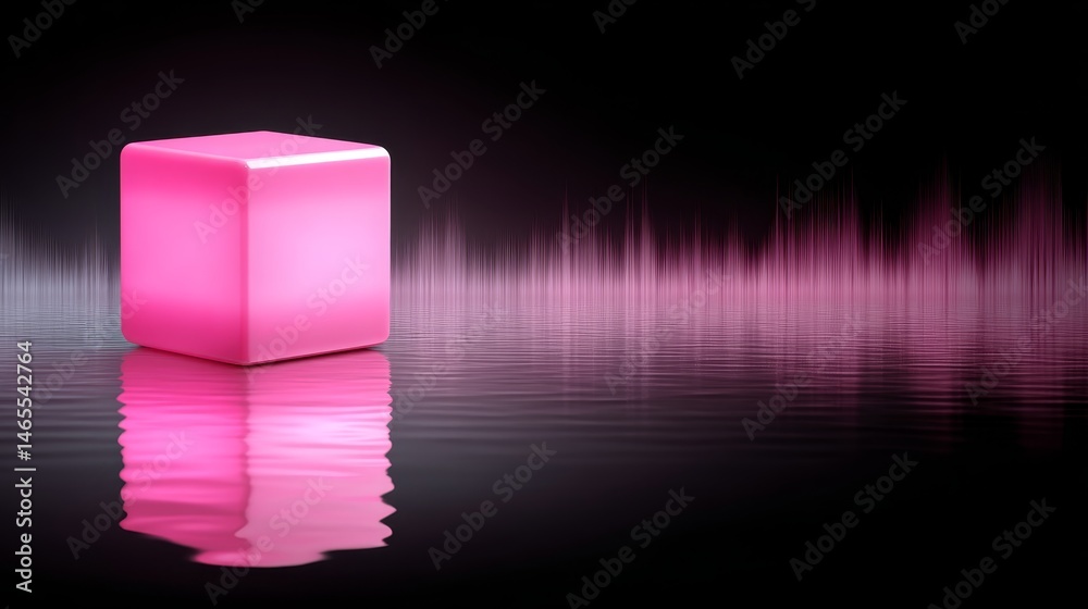Poster A glowing pink cube levitates above a dark background, accompanied by dynamic soundwave pulses that respond to audio, creating a captivating visual display