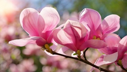 Obraz premium delicate pink magnolia blossoms on sunny spring day close up