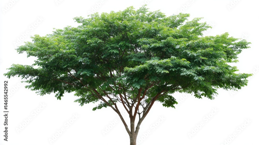 Poster this frontal illustration showcases a rain tree sapling with a slender trunk and lush green foliage,