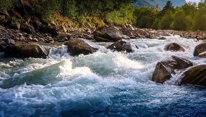 Fototapeta premium rapid mountain river powerful flow of water among rocks fifth category of difficulty rapids rafting travel extreme