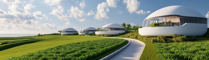 Modern Futuristic White Dome Houses on Green Landscape, Nature , Architecture